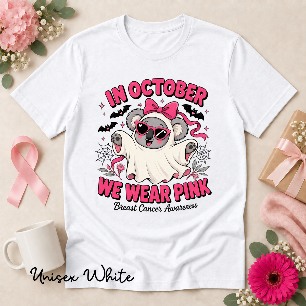 In October We Wear Pink Koala Ghost Breast Cancer Awareness Shirt