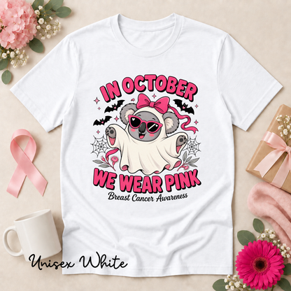 In October We Wear Pink Koala Ghost Breast Cancer Awareness Shirt