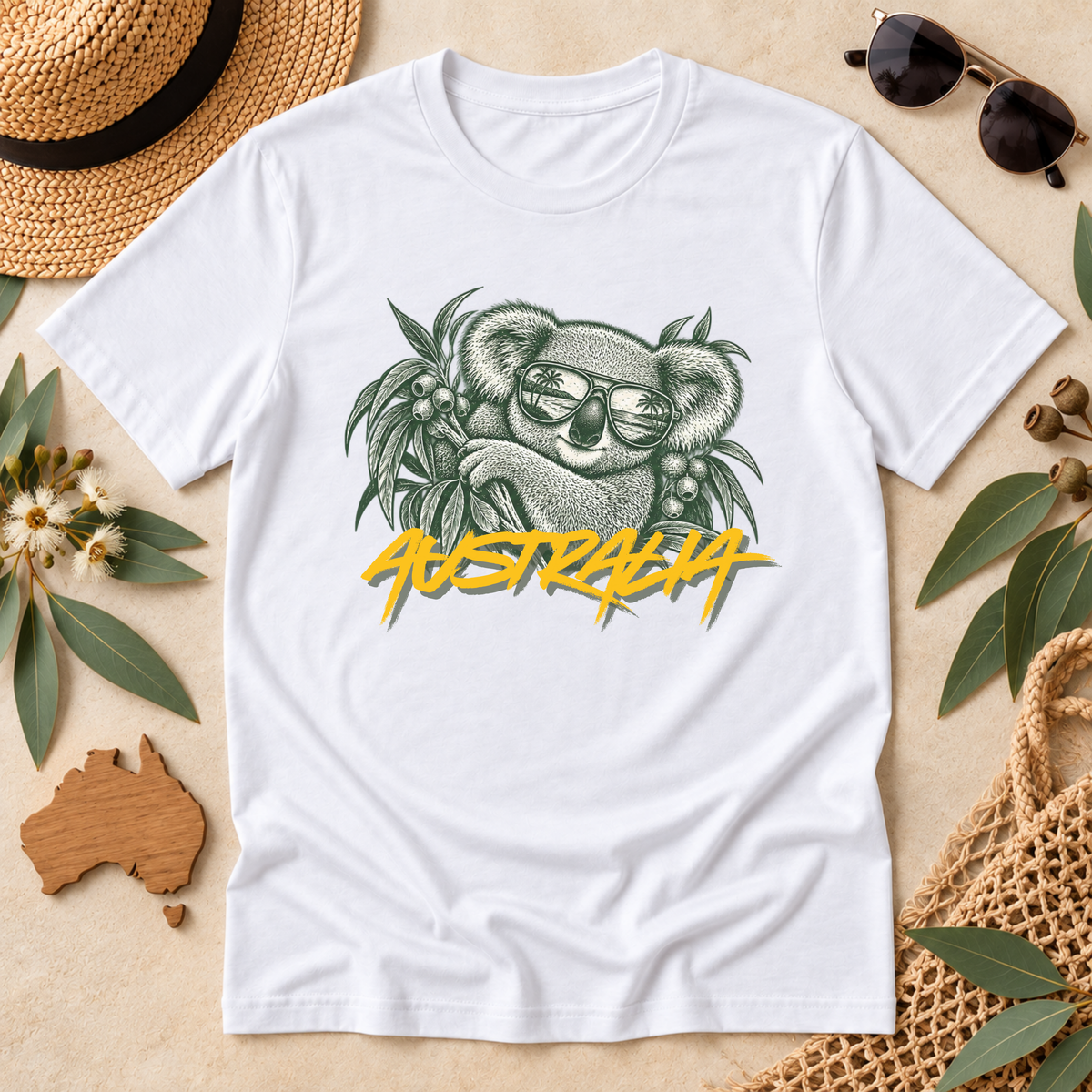 Australia Koala T-Shirt – Sunglasses & Eucalyptus Design