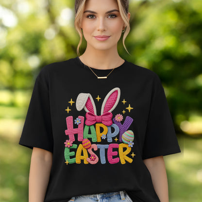 Faux Crochet Knitted Happy Easter T-Shirt