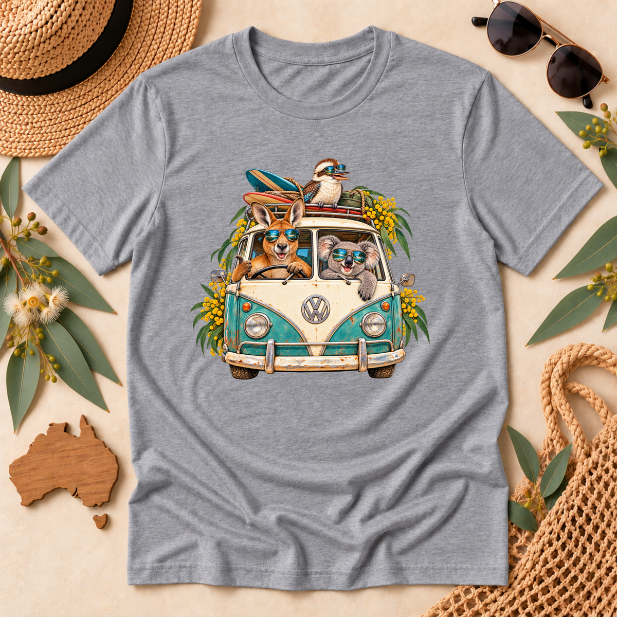 Aussie Road Trip T-Shirt – Australian Animals & Retro Campervan