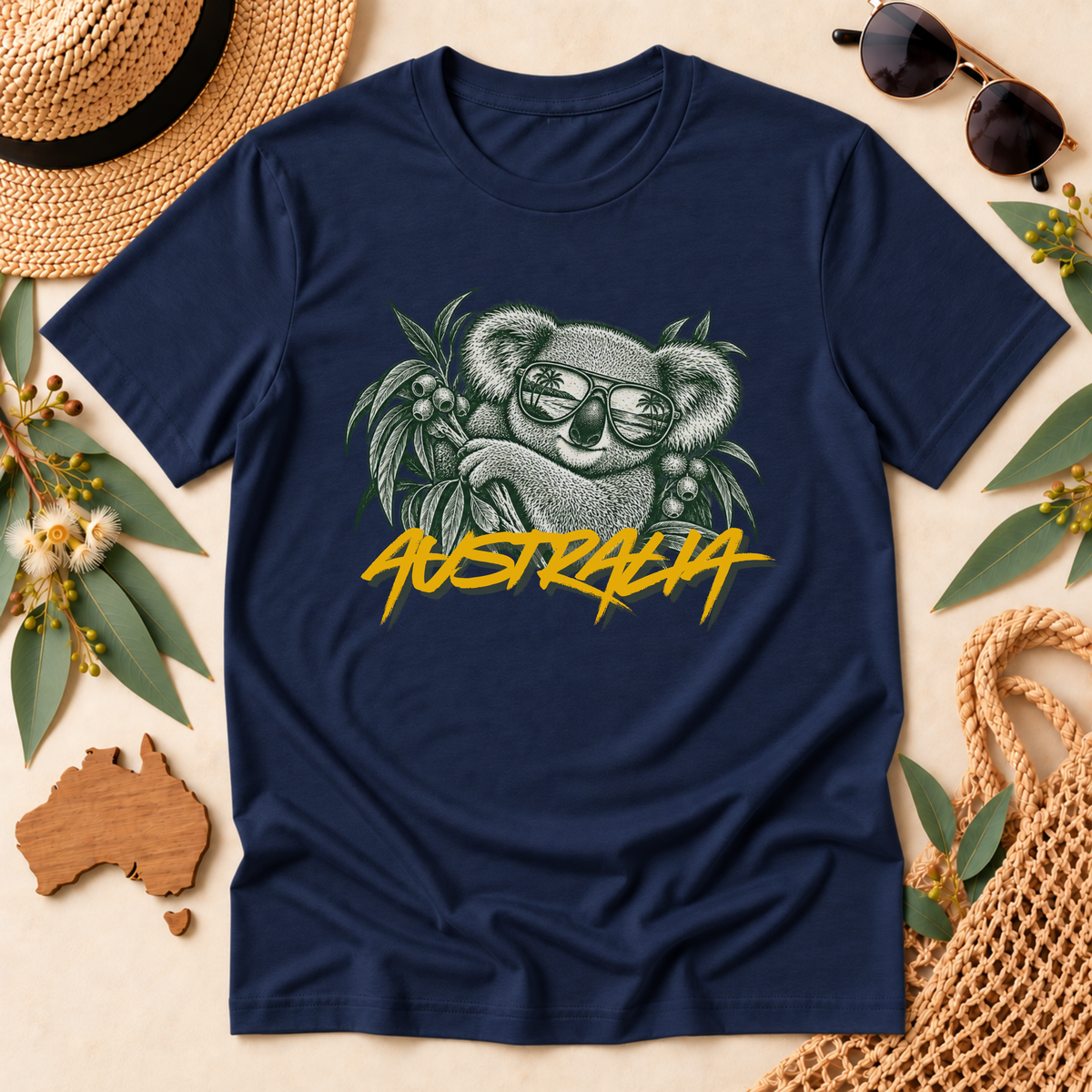 Australia Koala T-Shirt – Sunglasses & Eucalyptus Design