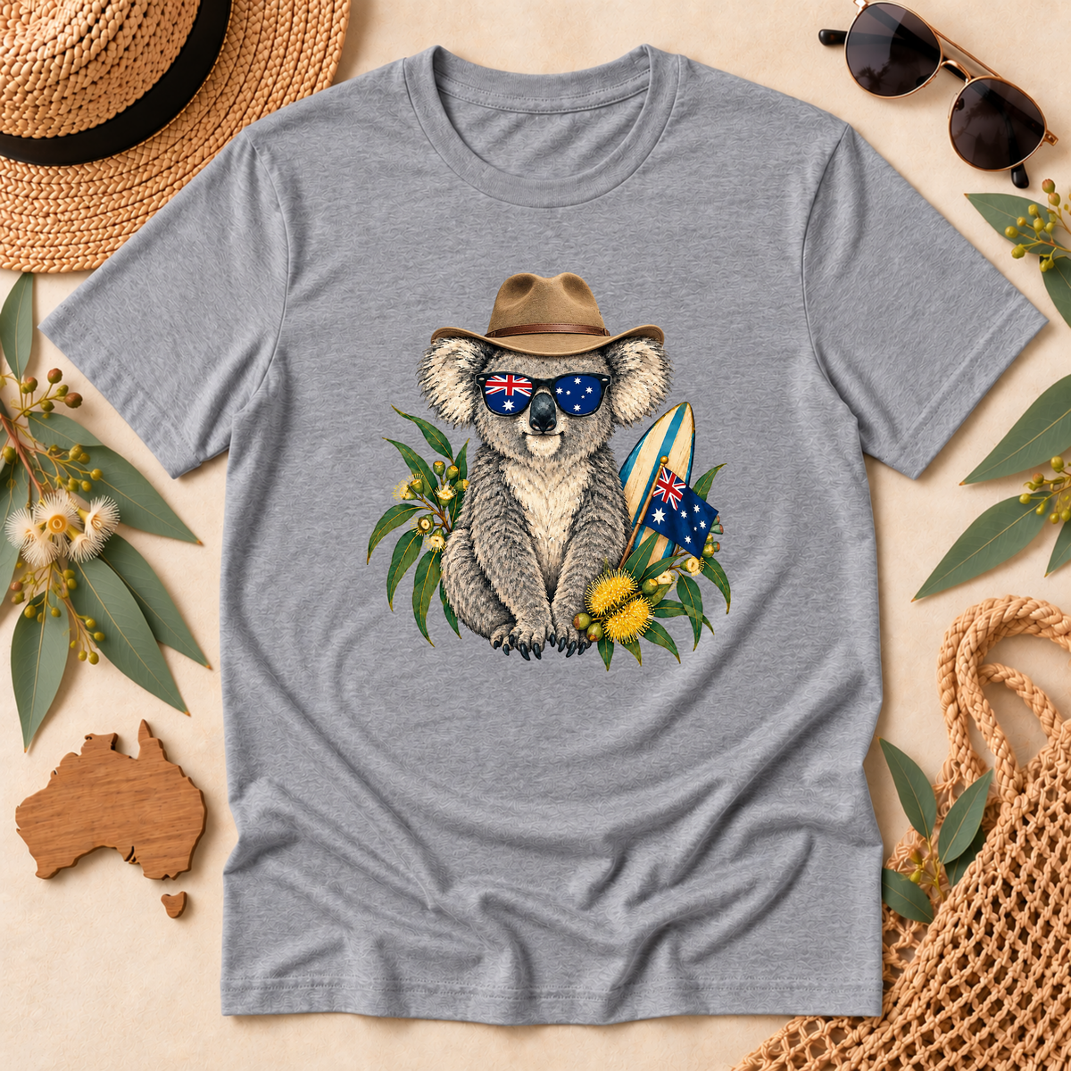 Aussie Koala T-Shirt – Australian Flag & Surfboard Design