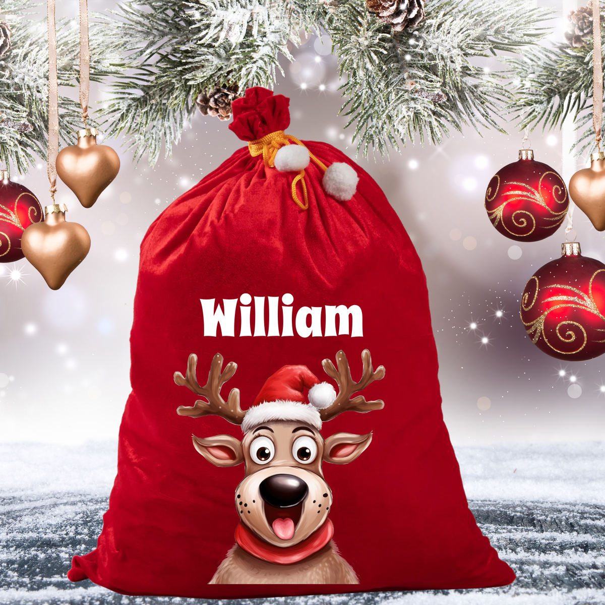 Personalised Reindeer Red Velvet Santa Sack with Name