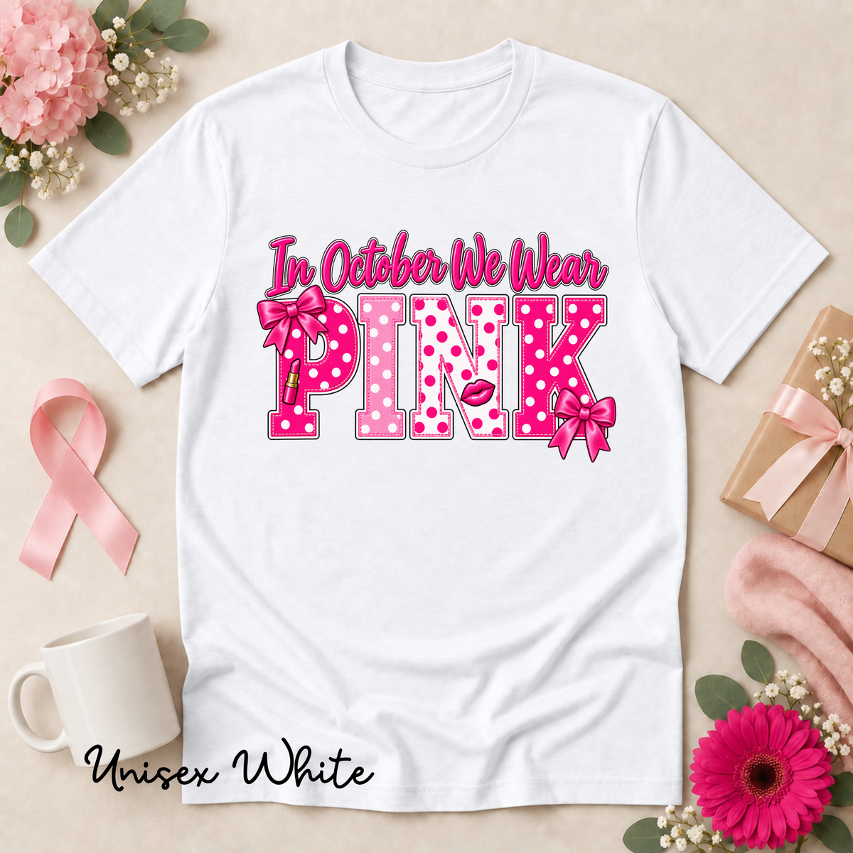 In October We Wear Pink Polka Dot Breast Cancer Awareness Shirt