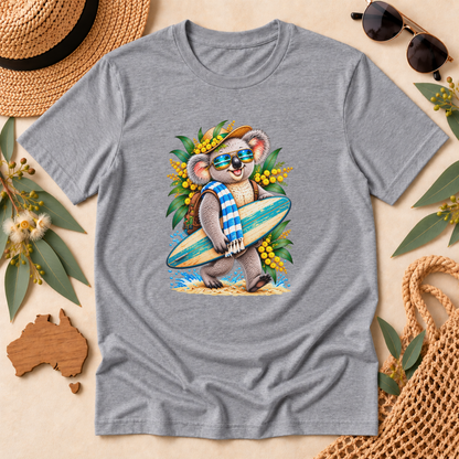 Surfing Koala T-Shirt – Australian Beach & Wattle Design