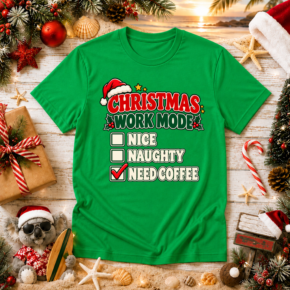 Christmas Work Mode T-Shirt – Funny Need Coffee Christmas Tee