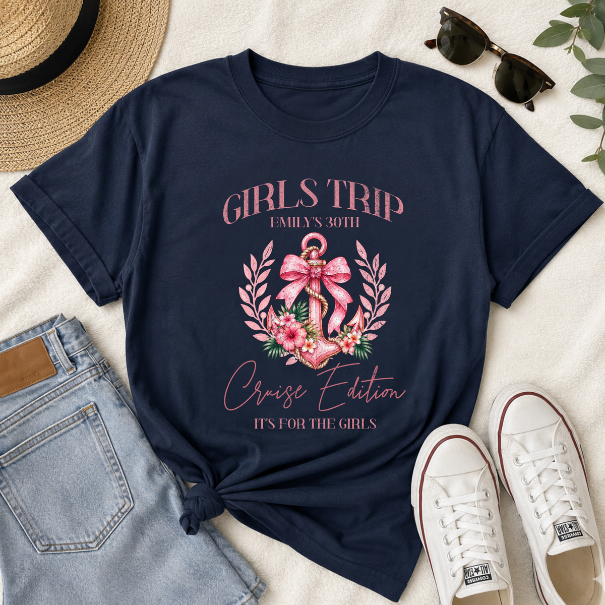 Personalised Girls Trip Cruise T-Shirt – Birthday Anchor & Bow