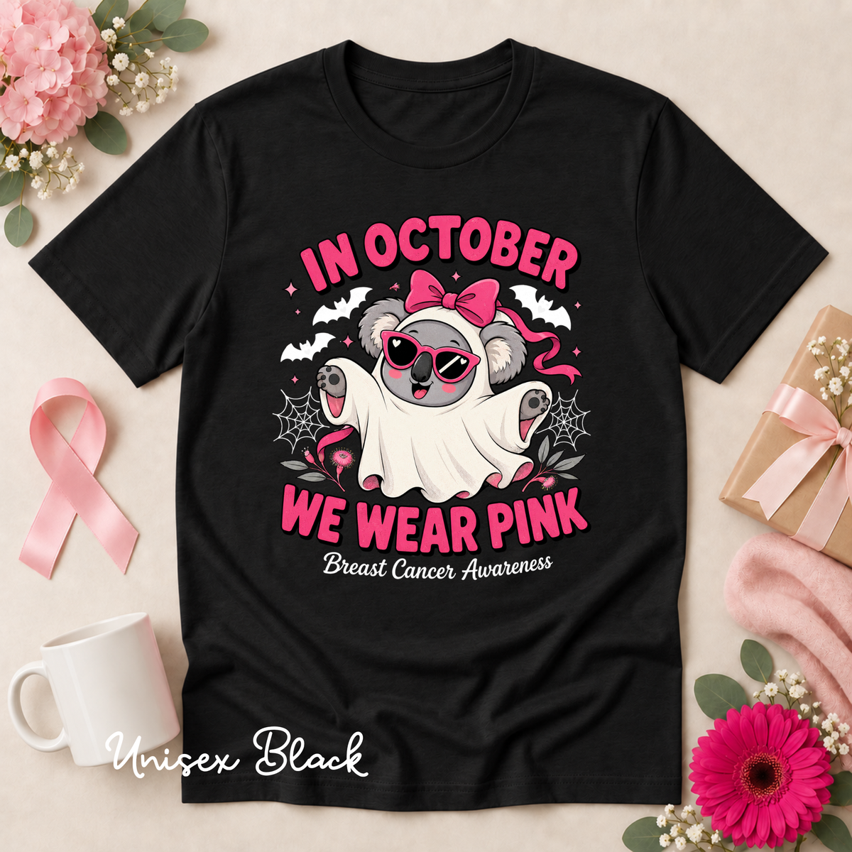 In October We Wear Pink Koala Ghost Breast Cancer Awareness Shirt