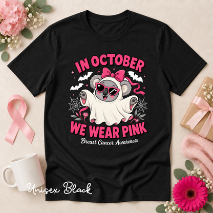 In October We Wear Pink Koala Ghost Breast Cancer Awareness Shirt