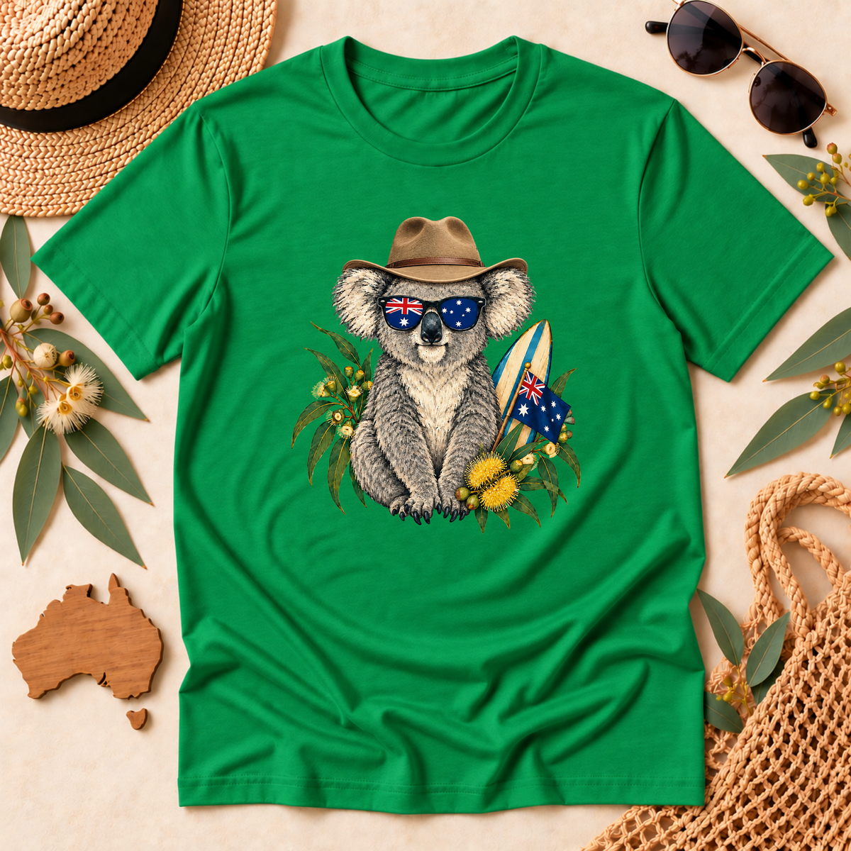 Aussie Koala T-Shirt – Australian Flag & Surfboard Design