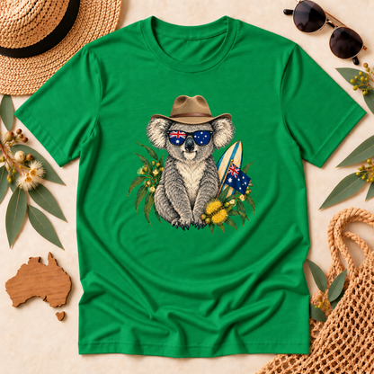 Aussie Koala T-Shirt – Australian Flag & Surfboard Design
