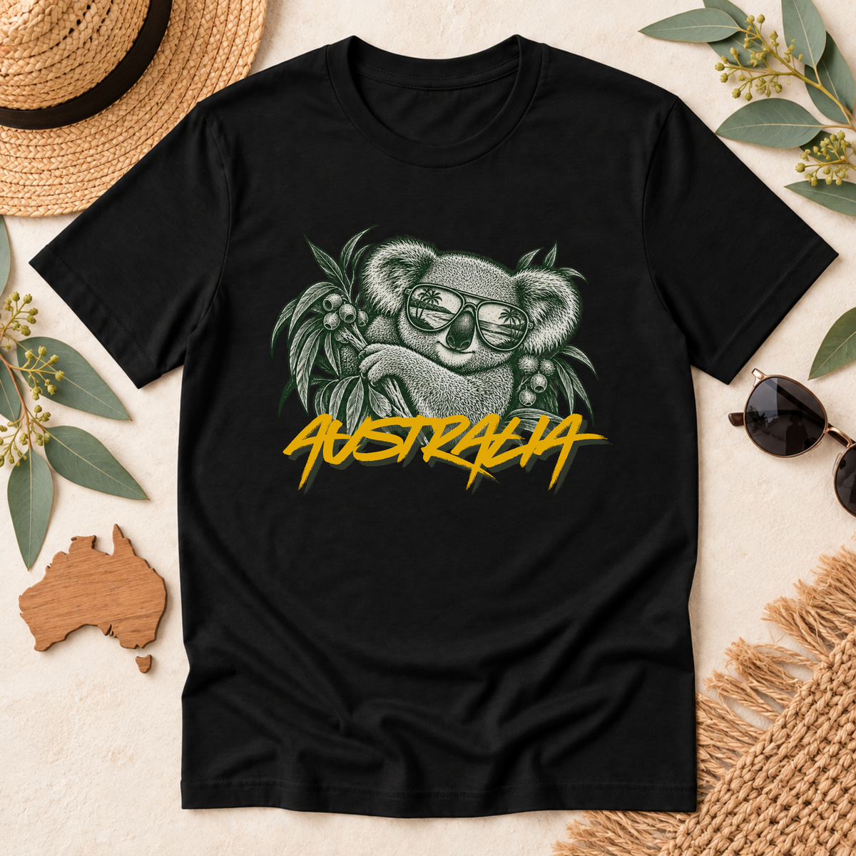 Australia Koala T-Shirt – Sunglasses & Eucalyptus Design