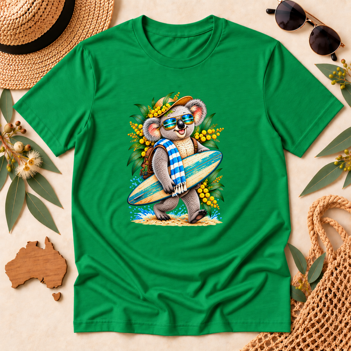 Surfing Koala T-Shirt – Australian Beach & Wattle Design