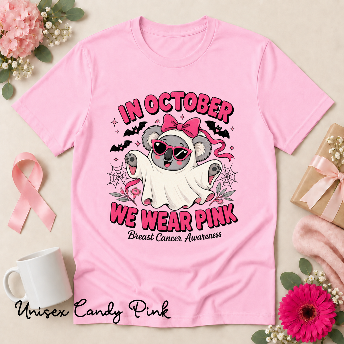 In October We Wear Pink Koala Ghost Breast Cancer Awareness Shirt