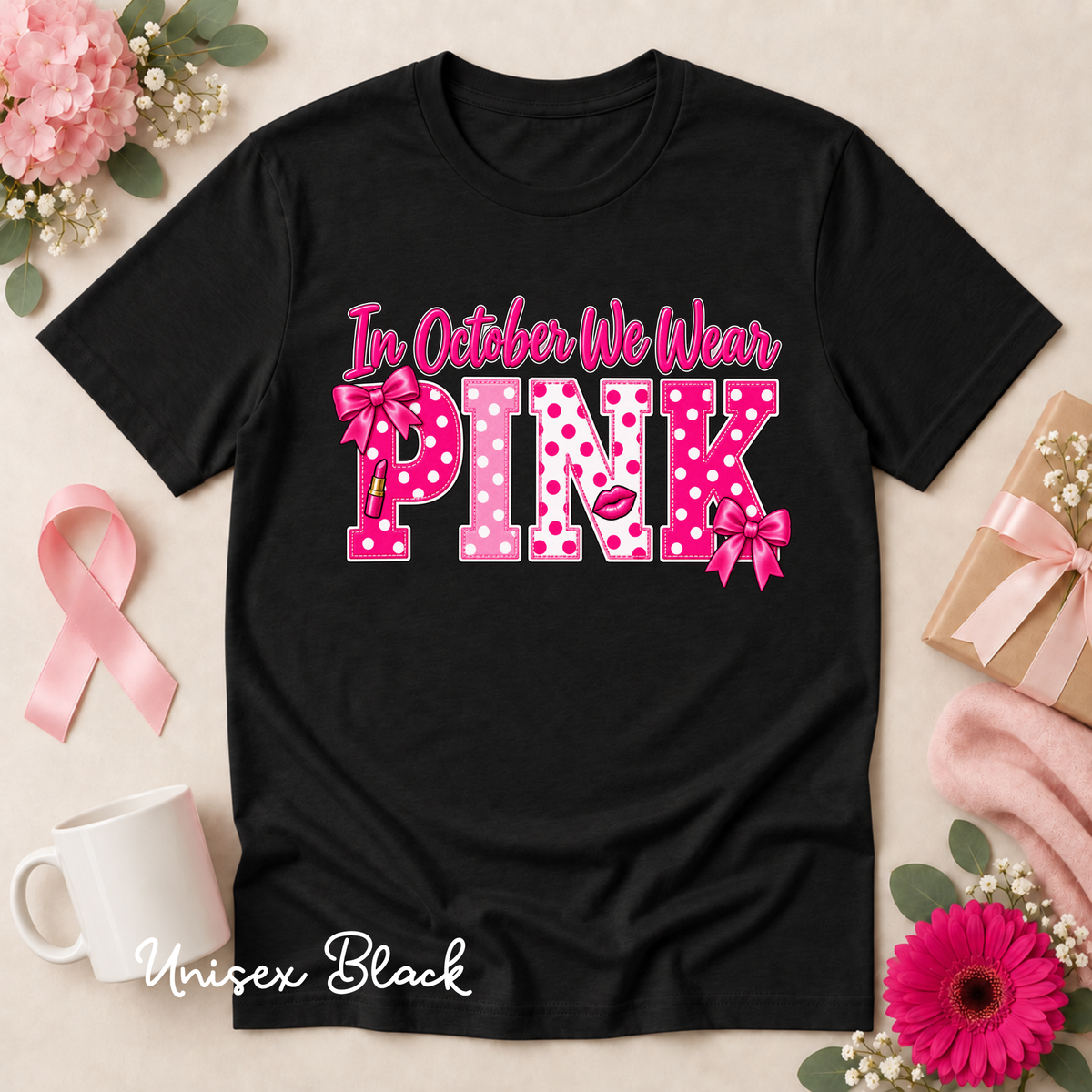In October We Wear Pink Polka Dot Breast Cancer Awareness Shirt