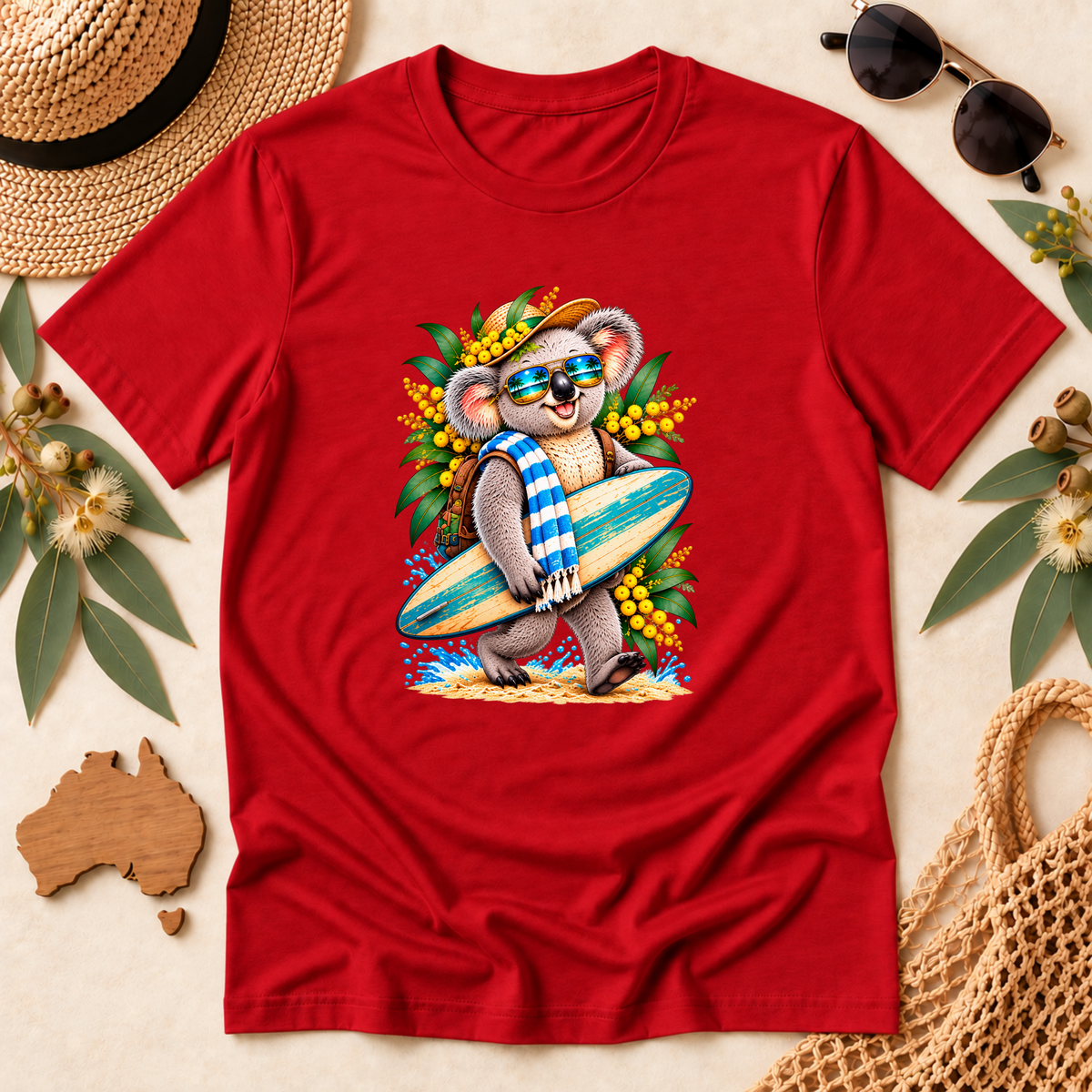Surfing Koala T-Shirt – Australian Beach & Wattle Design