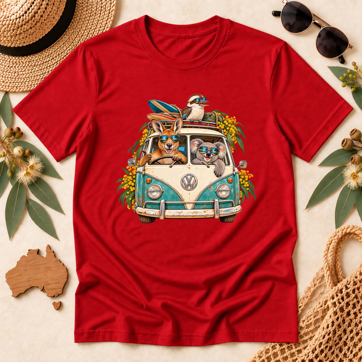 Aussie Road Trip T-Shirt – Australian Animals & Retro Campervan