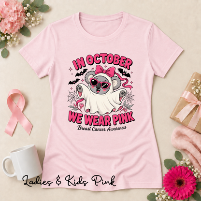 In October We Wear Pink Koala Ghost Breast Cancer Awareness Shirt