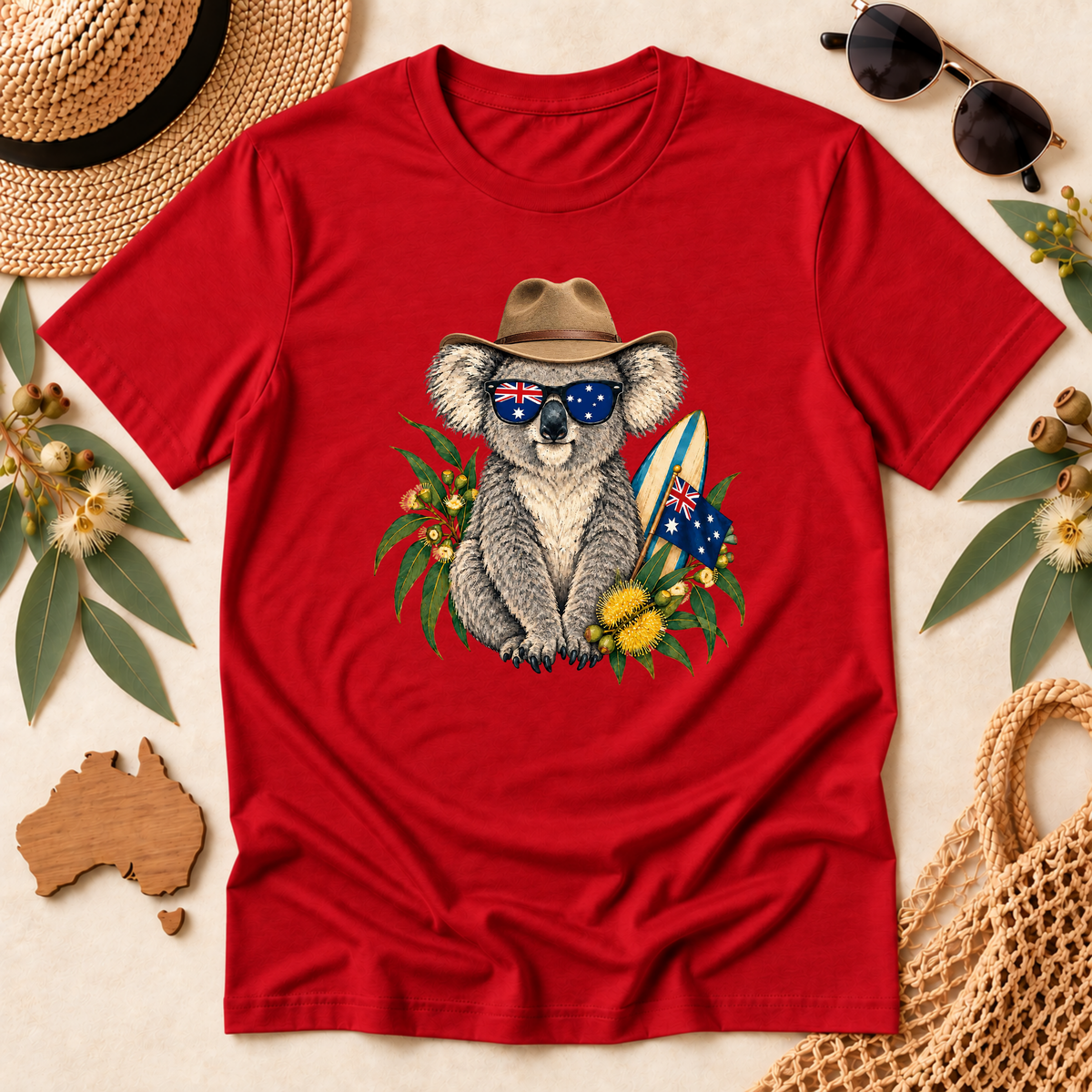 Aussie Koala T-Shirt – Australian Flag & Surfboard Design