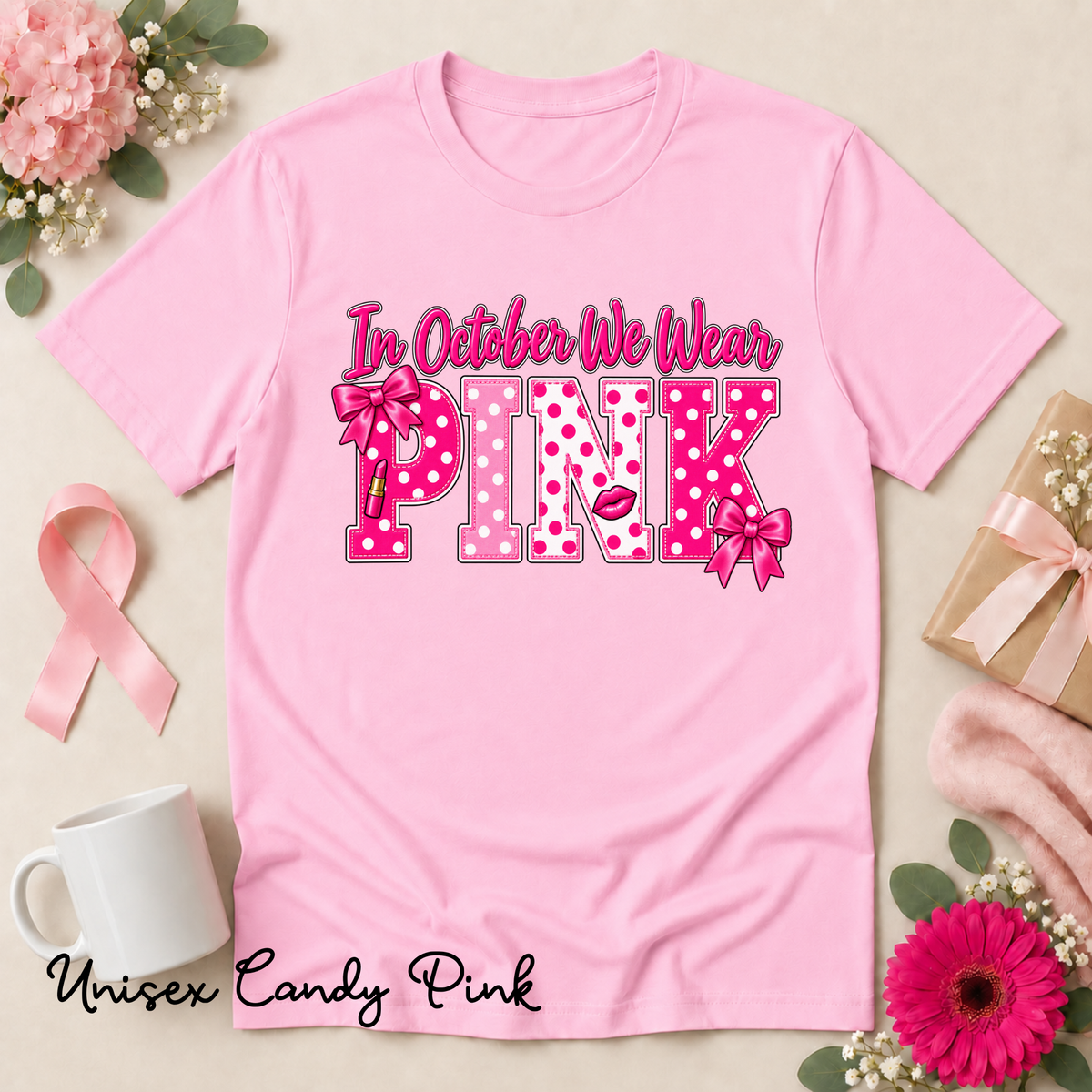 In October We Wear Pink Polka Dot Breast Cancer Awareness Shirt