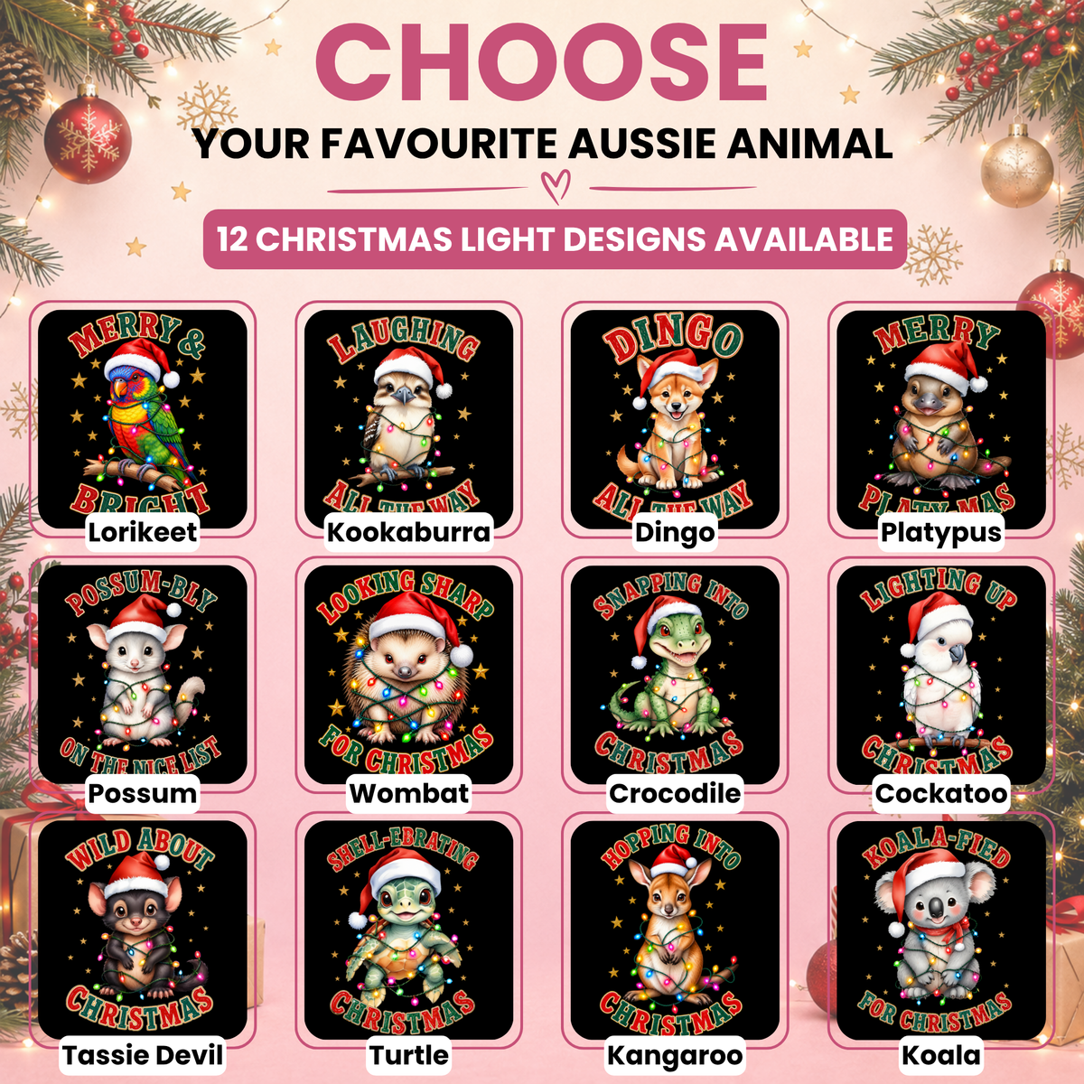 Australian Animal Christmas T-Shirt – 12 Festive Designs