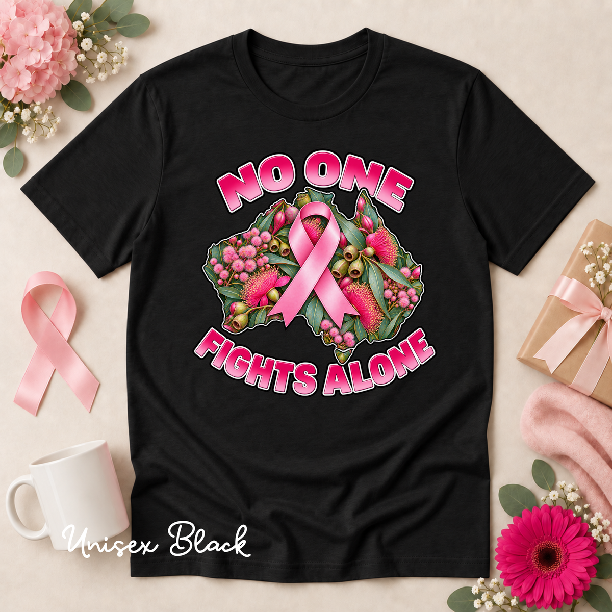 No One Fights Alone Australian Floral Design Breast Cancer Awareness Shirt