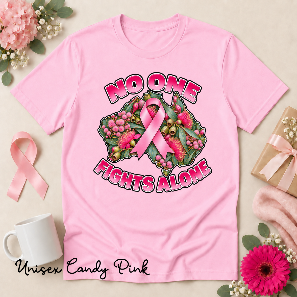 No One Fights Alone Australian Floral Design Breast Cancer Awareness Shirt