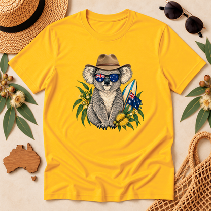 Aussie Koala T-Shirt – Australian Flag & Surfboard Design