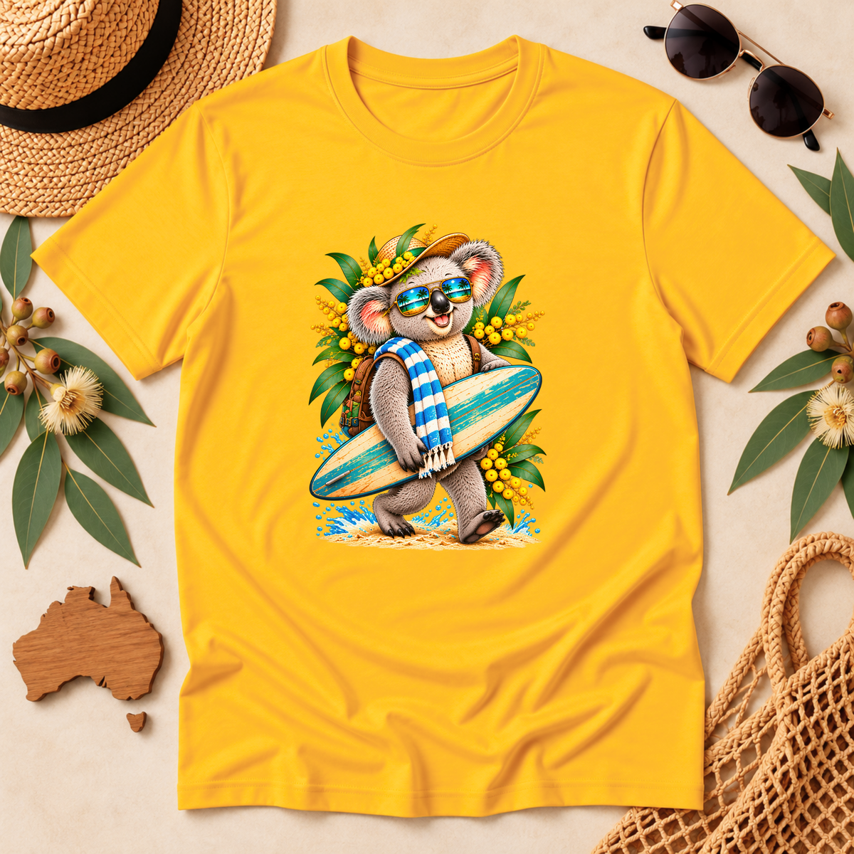 Surfing Koala T-Shirt – Australian Beach & Wattle Design