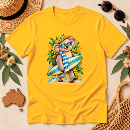 Surfing Koala T-Shirt – Australian Beach & Wattle Design