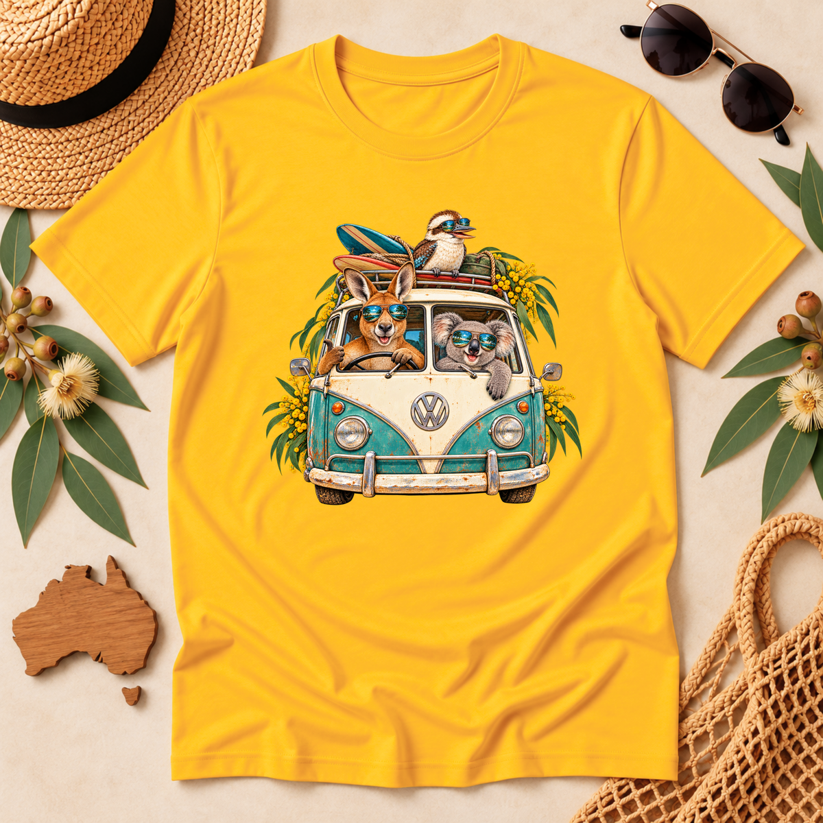 Aussie Road Trip T-Shirt – Australian Animals & Retro Campervan