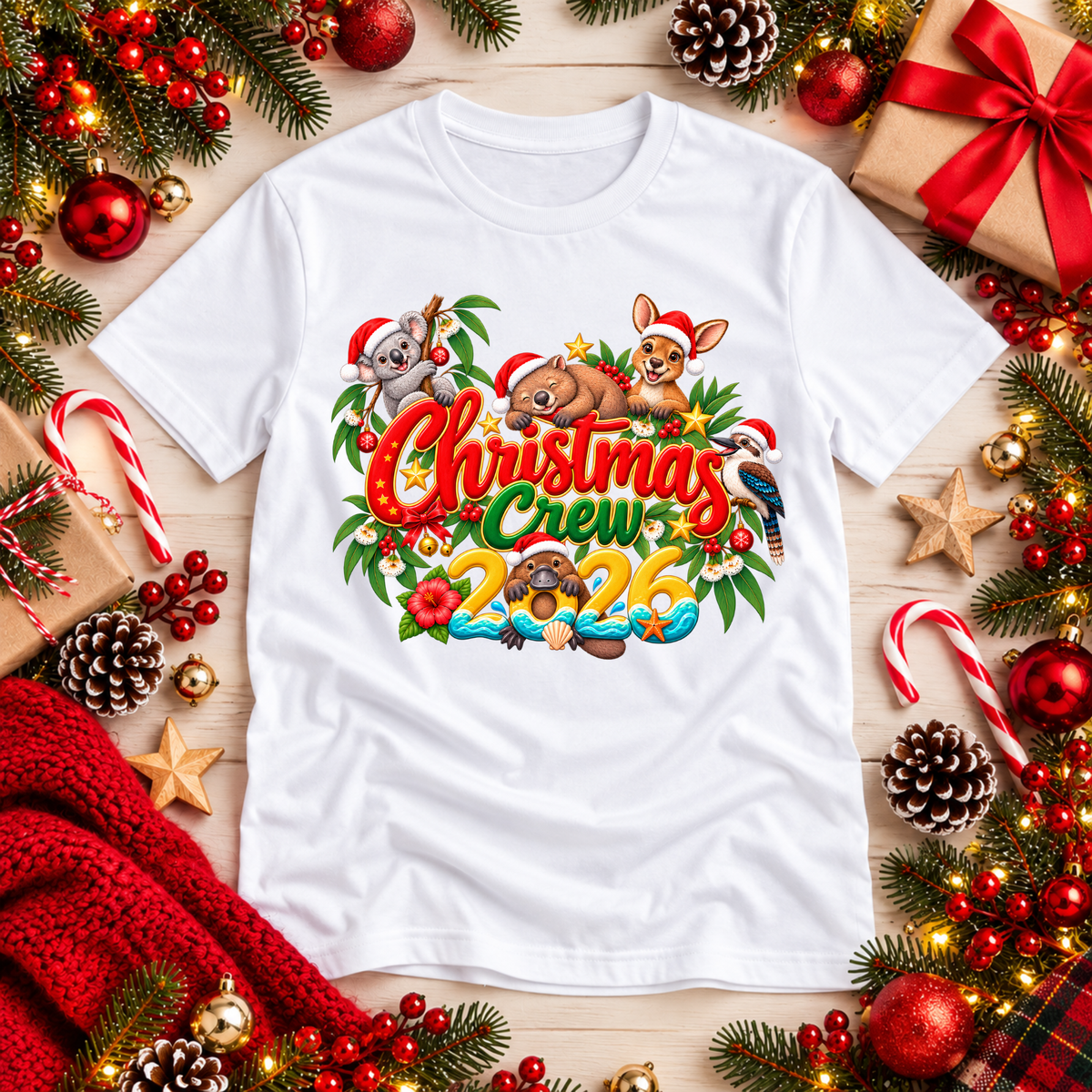 A white short-sleeve graphic T-shirt laid flat on a light wood surface, surrounded by Christmas decorations including pine branches, red ornaments, candy canes, wrapped gifts, and a red knit blanket. The shirt graphic reads 'Christmas Crew 2026' with cartoon animals and green foliage.