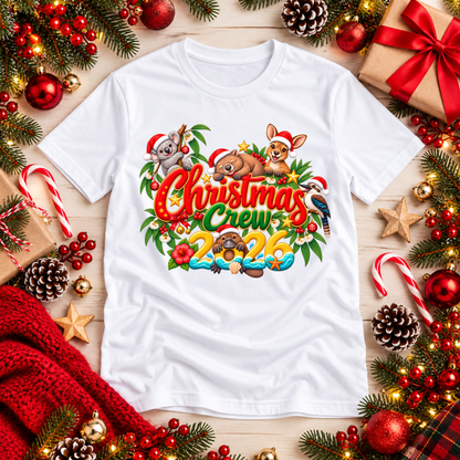 A white short-sleeve graphic T-shirt laid flat on a light wood surface, surrounded by Christmas decorations including pine branches, red ornaments, candy canes, wrapped gifts, and a red knit blanket. The shirt graphic reads 'Christmas Crew 2026' with cartoon animals and green foliage.