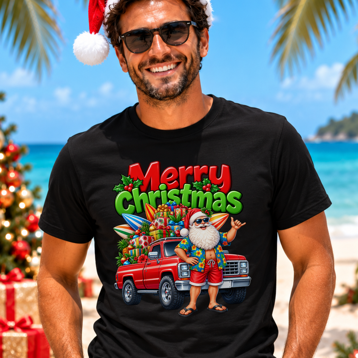 A man wearing a black graphic t-shirt with a colorful 'Merry Christmas' Santa-themed print, set against a tropical beach background with palm trees and blue ocean.