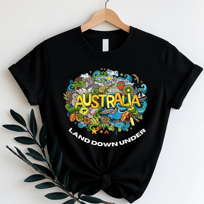 Black t-shirt with colorful 'Australia Land Down Under' design for Adults and Kids 