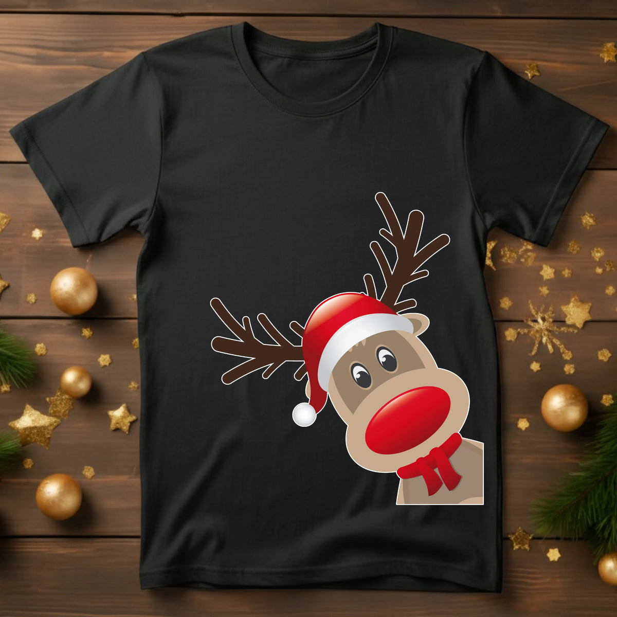 Black t-shirt with a cartoon reindeer design wearing a Santa hat on a wooden background.