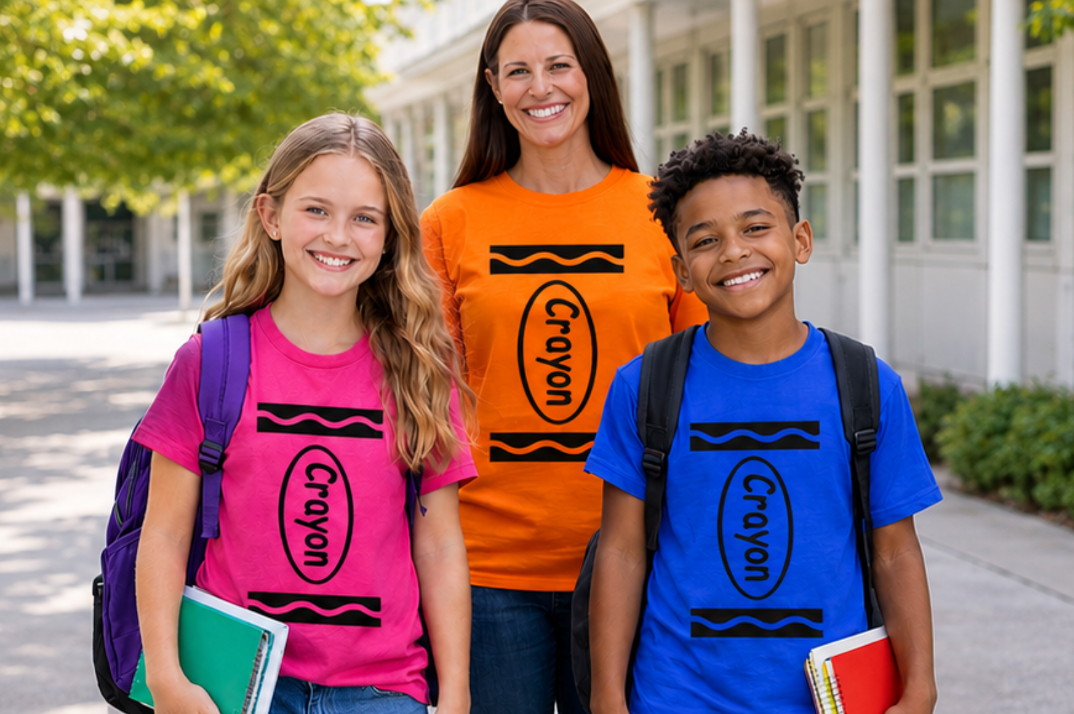 Teacher and Kids wearing Crayon shirts for book week