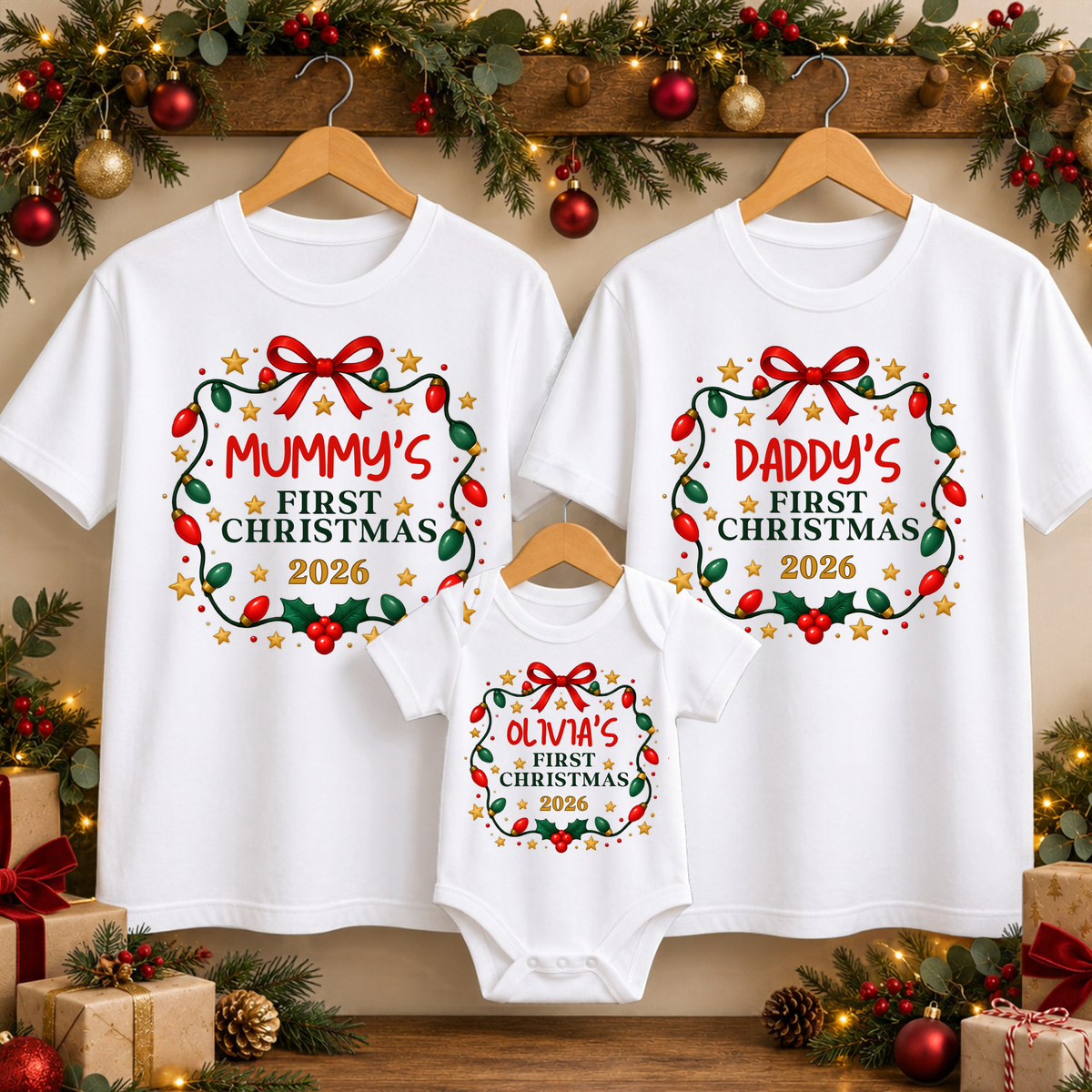 Personalised First Christmas Family T-Shirts & Baby Onesie – Christmas Lights