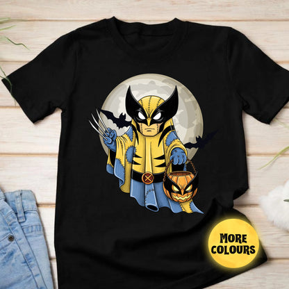 Black t-shirt with Wolverine Halloween design on a wooden surface