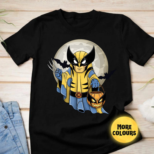 Black t-shirt with Wolverine Halloween design on a wooden surface