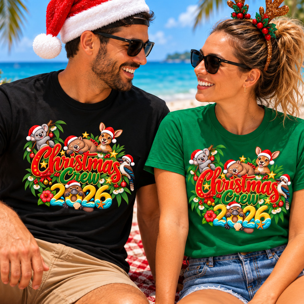 A man and a woman sitting together on a beach, both wearing matching Christmas-themed graphic t-shirts. The man wears a black shirt and a Santa hat, while the woman wears a green shirt and a holiday headband.
