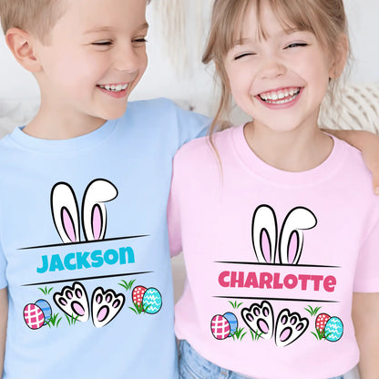 Personalised kids Easter bunny shirts with custom names for siblings, matching Easter t-shirts