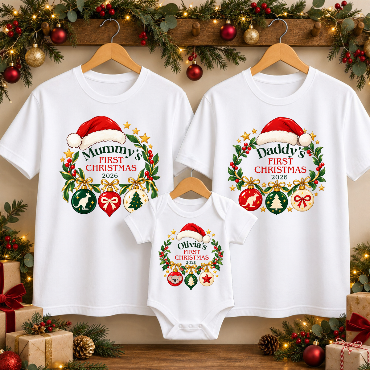 Personalised First Christmas Family Shirts & Baby Onesie – Aussie Baubles