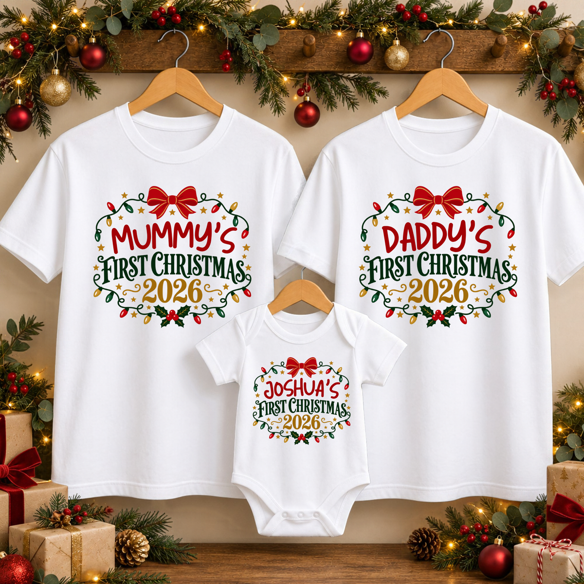 Personalised First Christmas Family Shirts & Baby Onesie – Vintage Lights