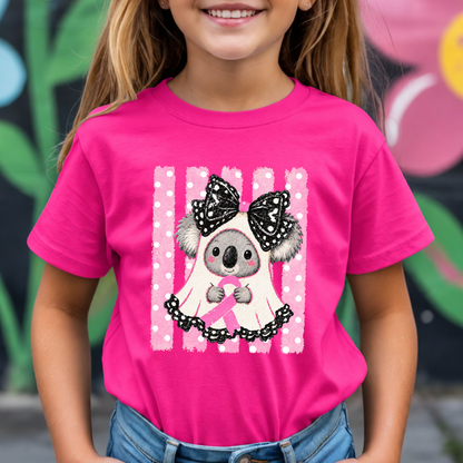 Girl wearing a fuchsia pink koala ghost breast cancer awareness Halloween shirt