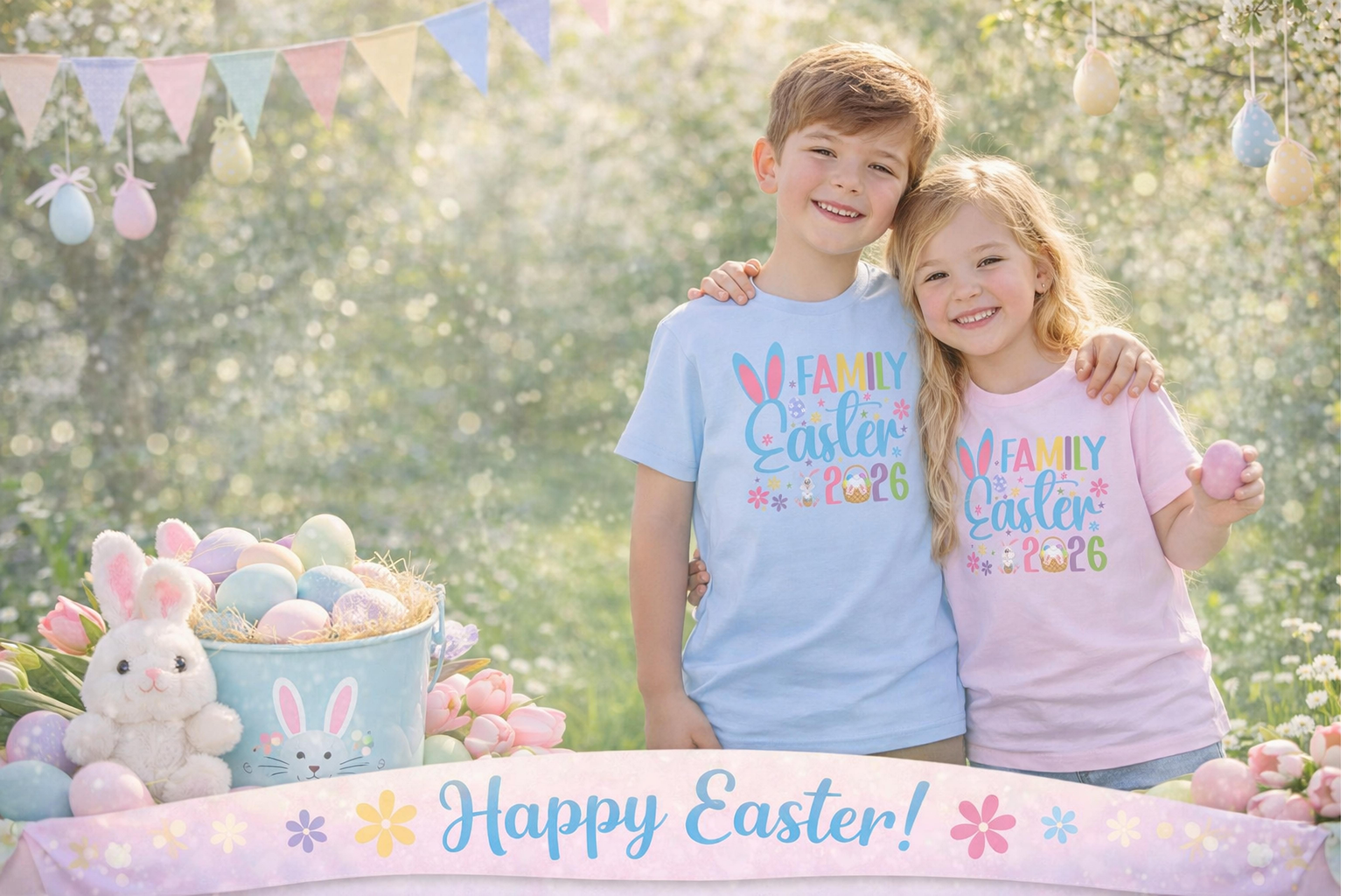 Two children wearing 'Happy Easter' t-shirts standing in front of a decorated Easter scene with eggs and bunnies.