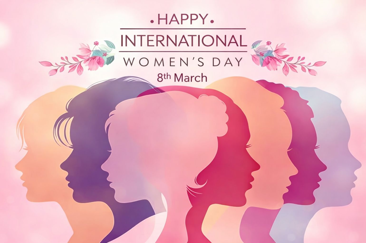 Silhouettes of women with a pink gradient and 'Happy International Women's Day 8th March' text on a light pink background.