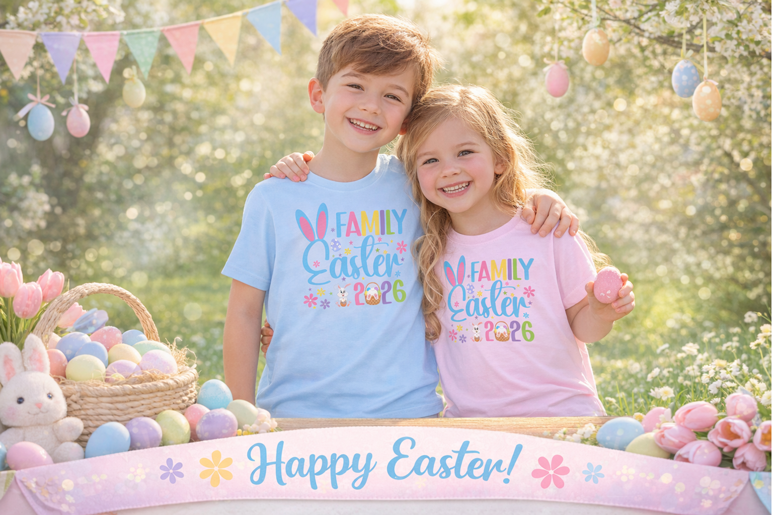 Two children wearing 'Family of Easter 2026' shirts, standing in front of a 'Happy Easter!' banner with Easter eggs and decorations.