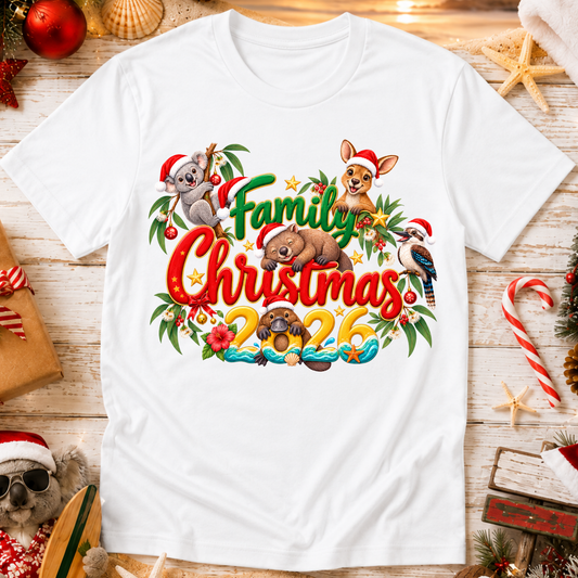 Matching Australian Family Christmas 2026 T-shirts featuring festive koala, kangaroo, wombat, kookaburra and platypus artwork
